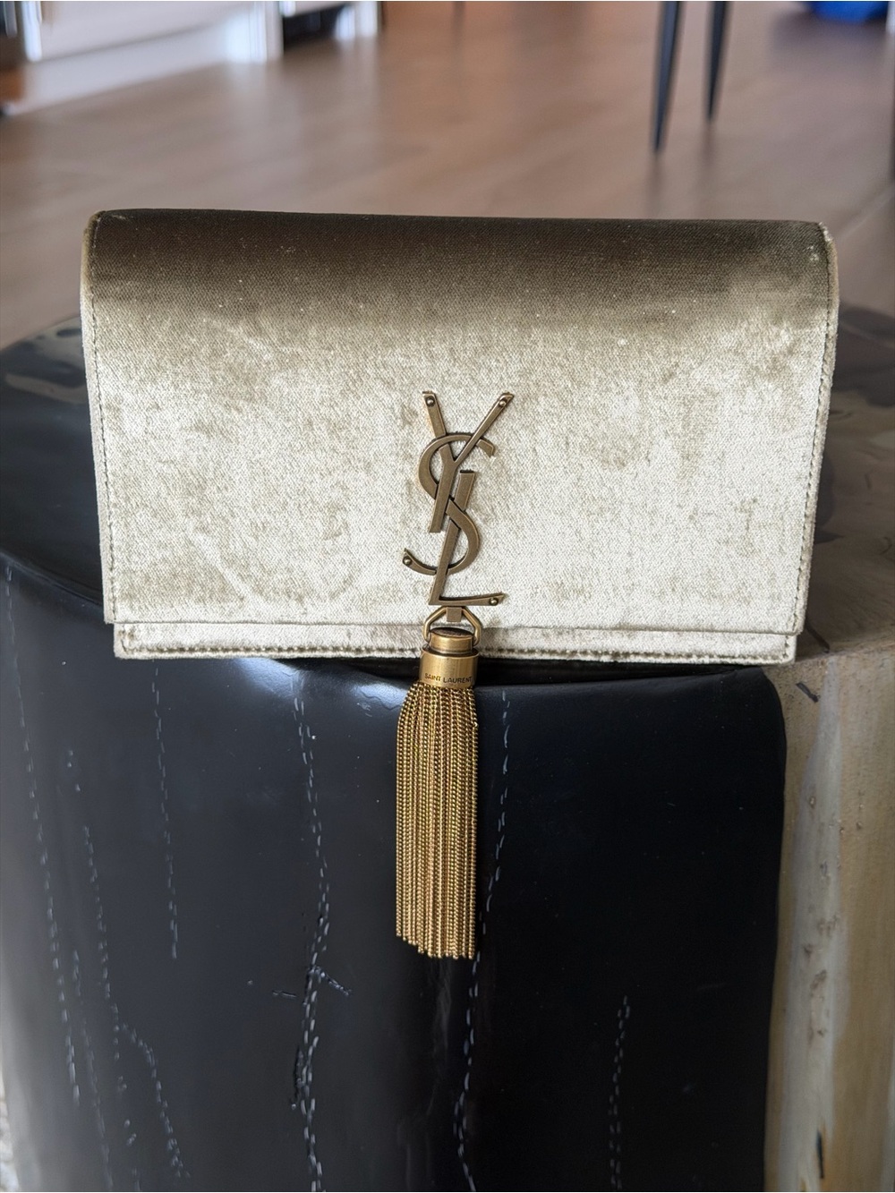 Yves Saint Laurent Olive Green Velvet Tassel Wallet on a Chain